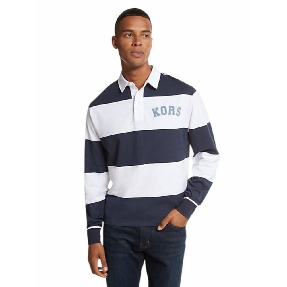 Michael Kors Men's Long Sleeve Polo Striped Cotton Rugby Navy Blue White Size M